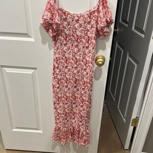 Off the shoulder red & white ruffle dress